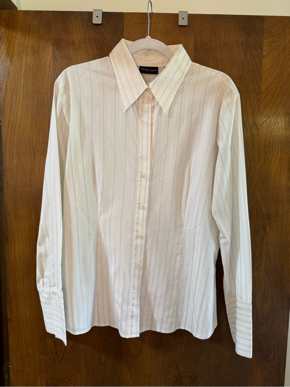New York & Company Cream Striped Button-Down Shirt